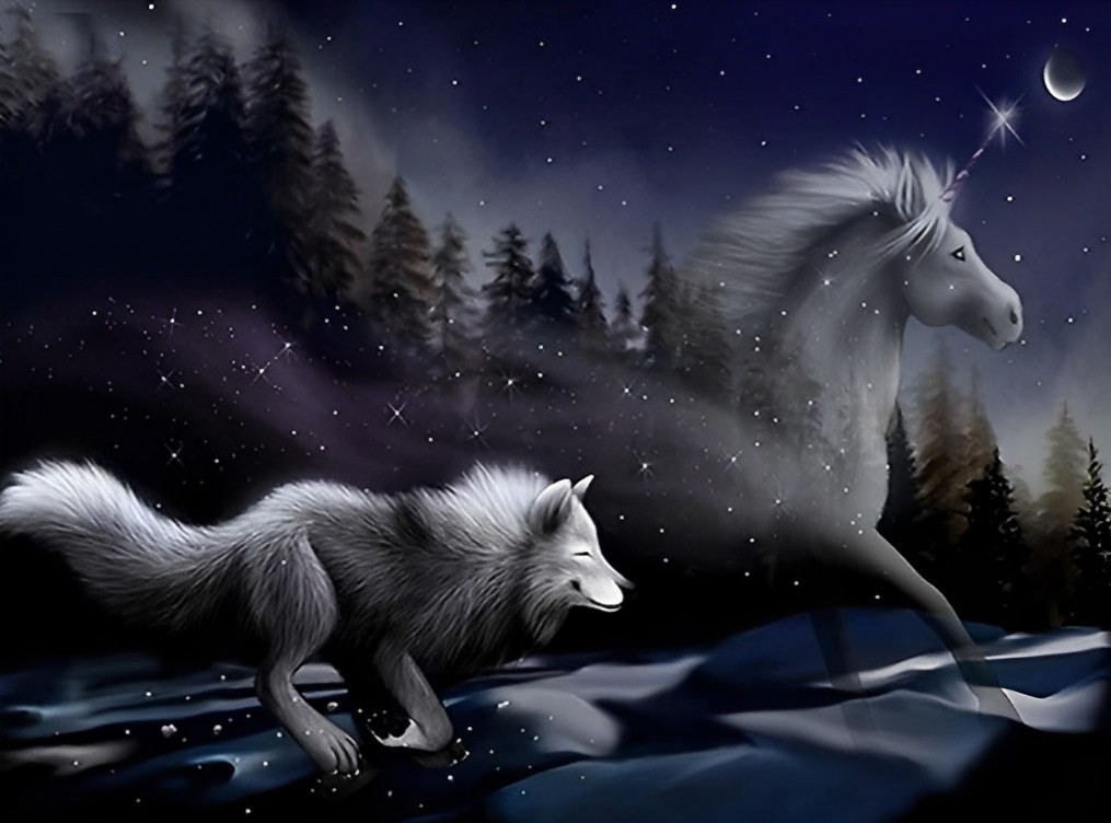 Loup et Cheval Blancs Broderie Diamant
