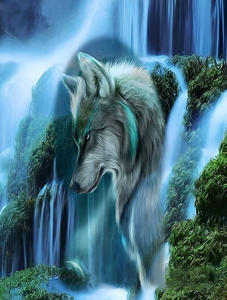Loup et Chute d'Eau Broderie Diamant