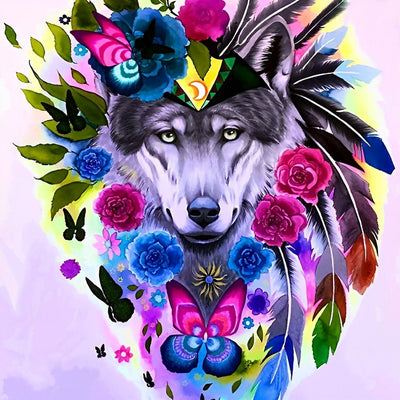 Loup et Couronne de Roses Broderie Diamant