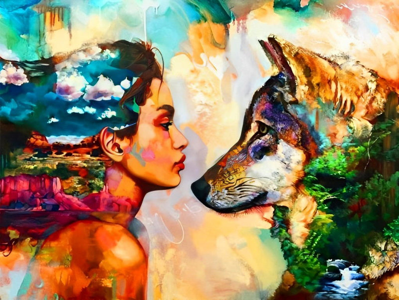 Loup et Femme Colorés Broderie Diamant