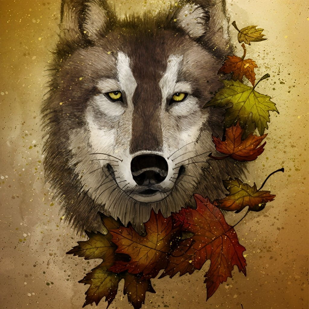 Loup et Feuilles d'Erable Broderie Diamant
