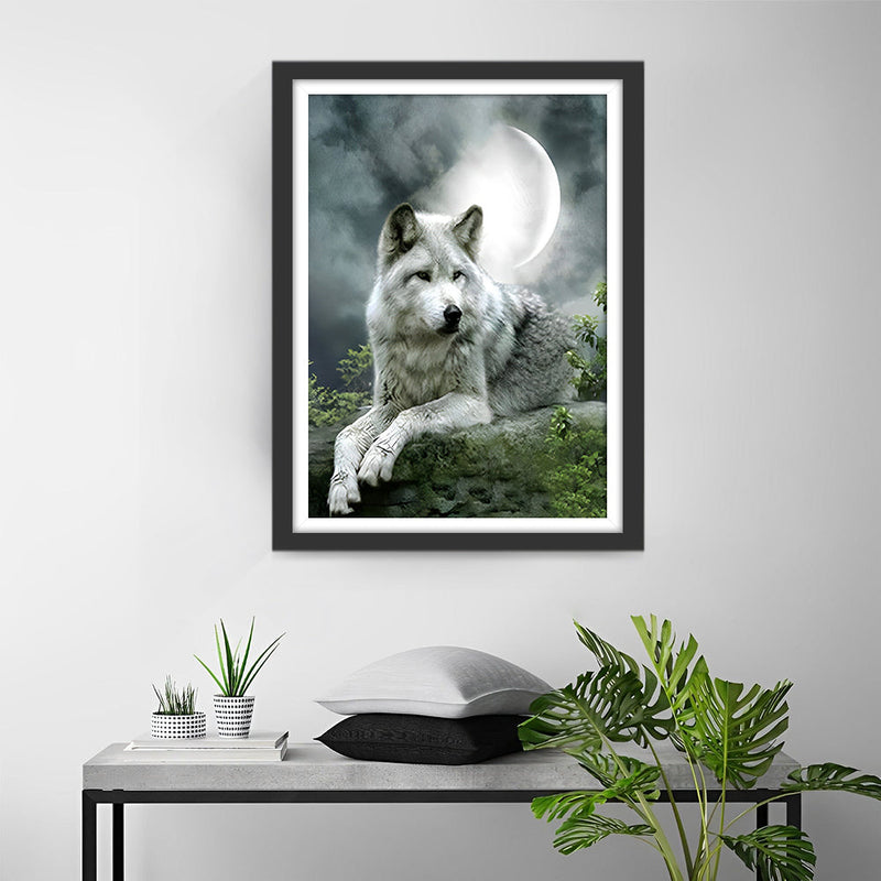 Loup et Lune Blancs Broderie Diamant