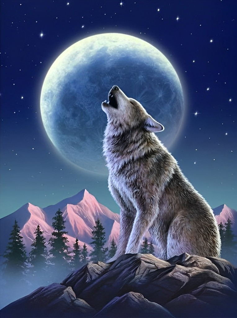 Loup et Lune Bleue Broderie Diamant