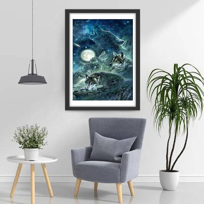 Loup et Lune Scintillante Broderie Diamant