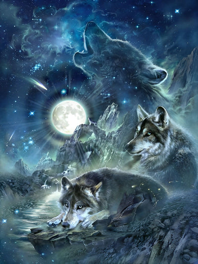 Loup et Lune Scintillante Broderie Diamant