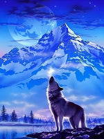 Loup et Montagne Enneigée Bleue Broderie Diamant