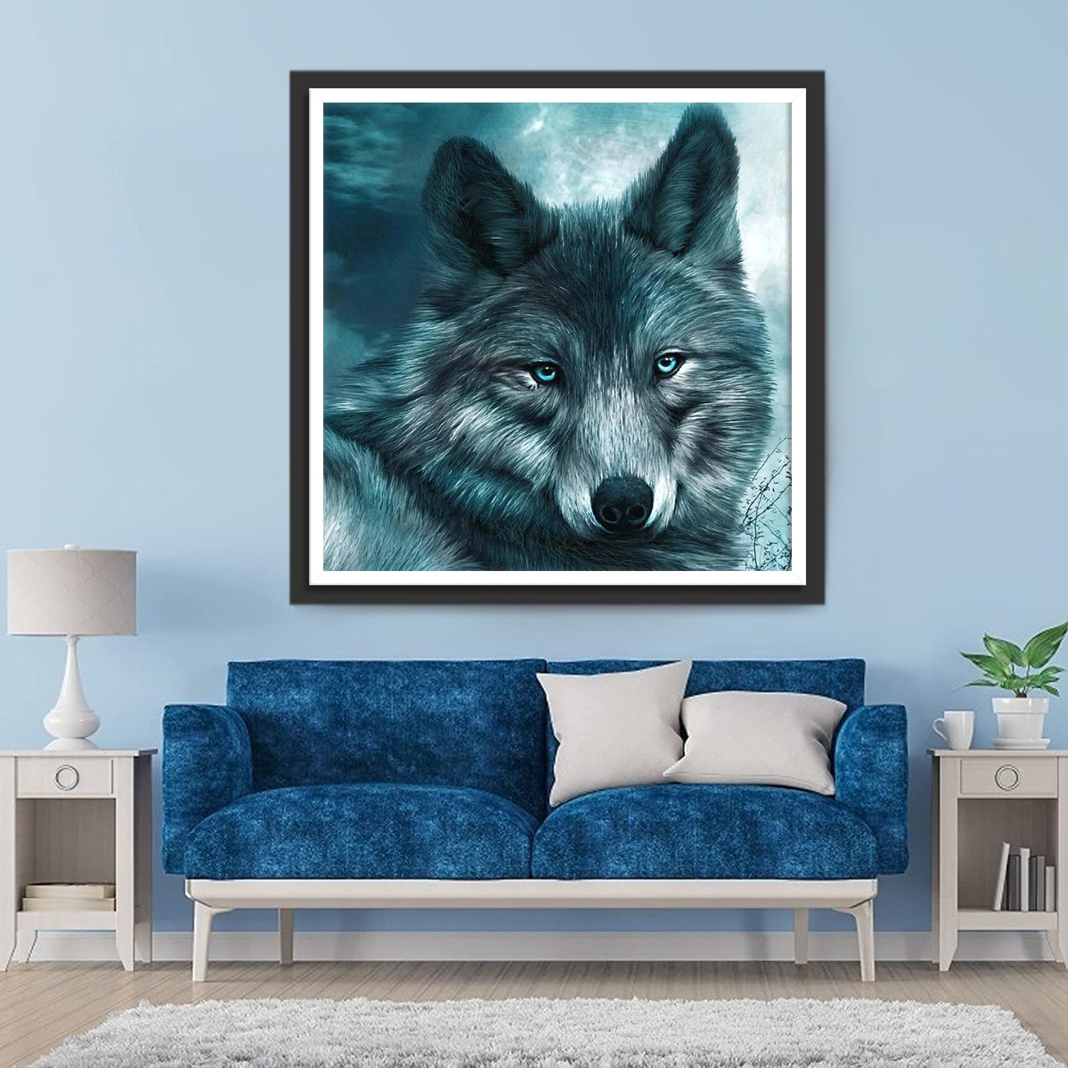 Loup Gris aux Yeux Bleus Broderie Diamant