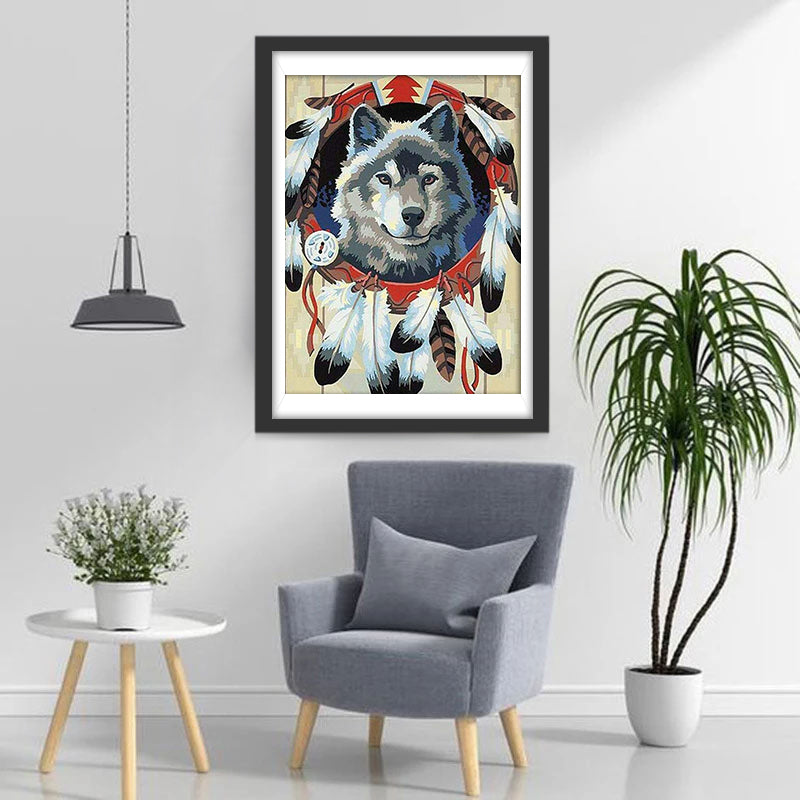 Loup Gris et Plumes Blanches Broderie Diamant