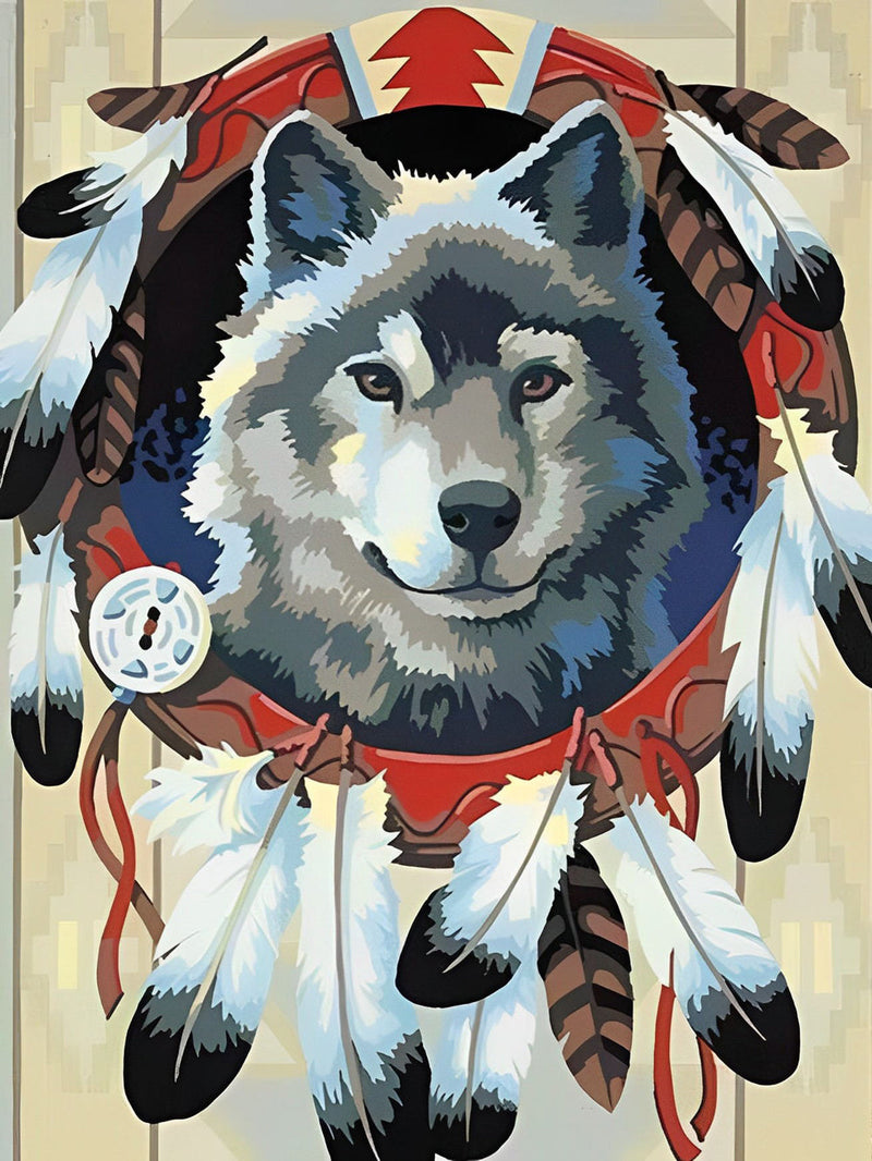 Loup Gris et Plumes Blanches Broderie Diamant