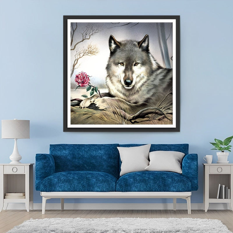 Loup Gris et Rose Broderie Diamant