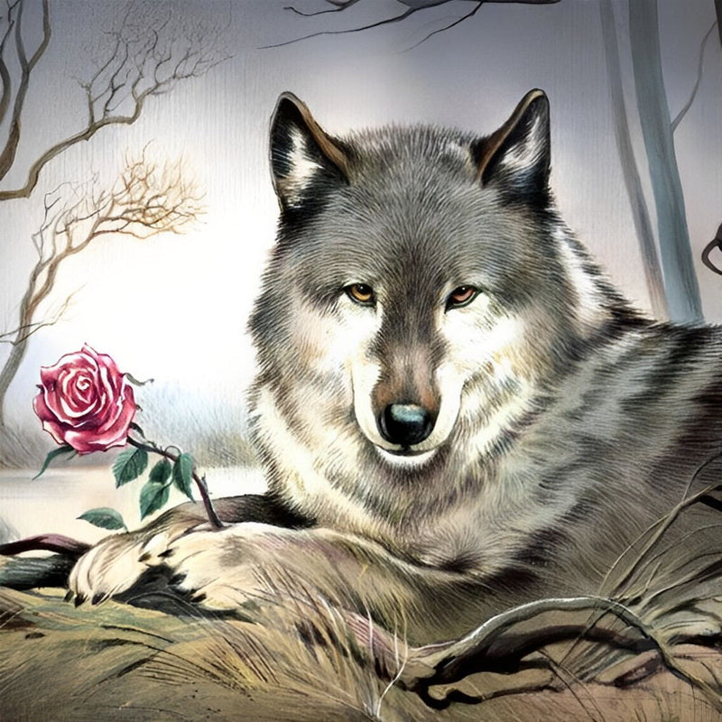 Loup Gris et Rose Broderie Diamant