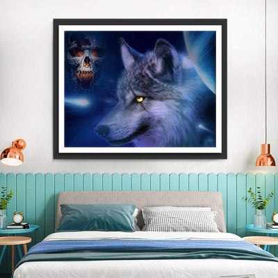 Loup Gris et Squelette Broderie Diamant