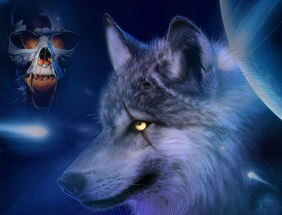 Loup Gris et Squelette Broderie Diamant