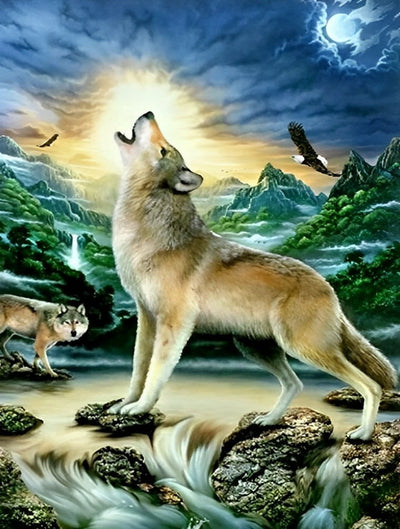 Loup Hurlant dans les Montagnes Broderie Diamant