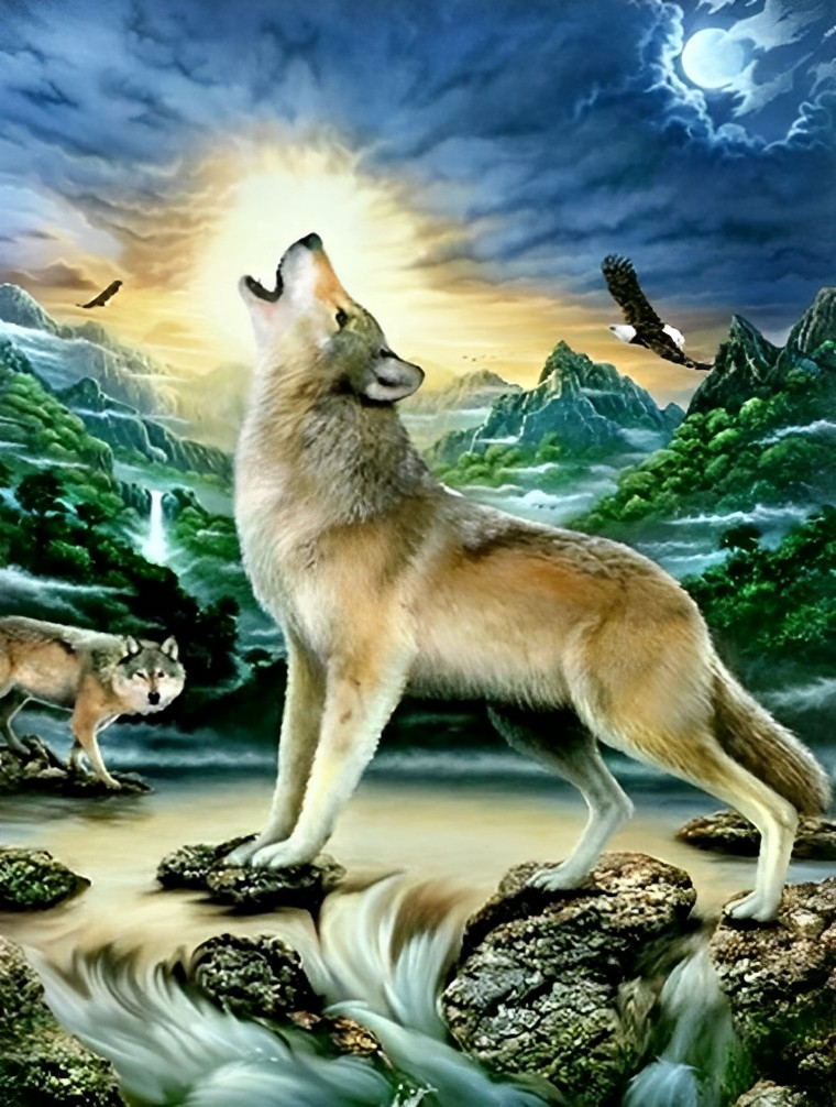Loup Hurlant dans les Montagnes Broderie Diamant