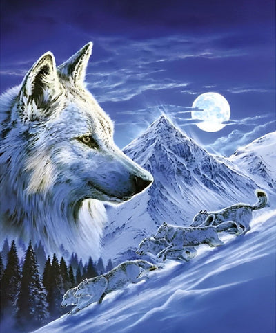 Loup, Montagne Enneigée et Lune Broderie Diamant