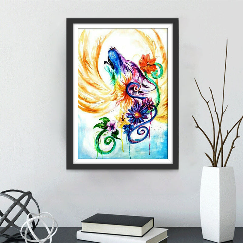 Loup Multicolore et Fleurs Différentes Broderie Diamant