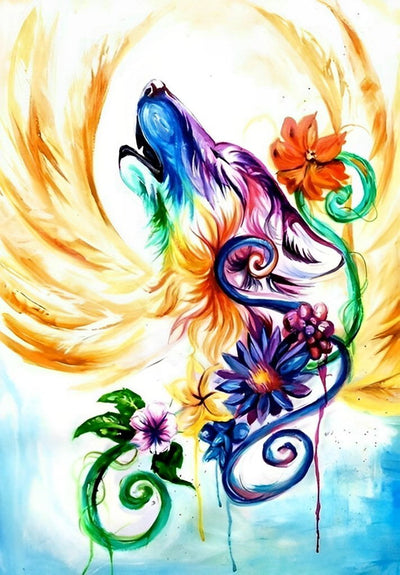 Loup Multicolore et Fleurs Différentes Broderie Diamant