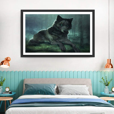 Loup Noir aux Yeux Verts Broderie Diamant