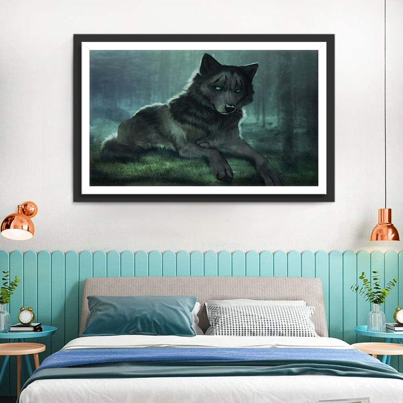 Loup Noir aux Yeux Verts Broderie Diamant