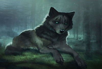 Loup Noir aux Yeux Verts Broderie Diamant