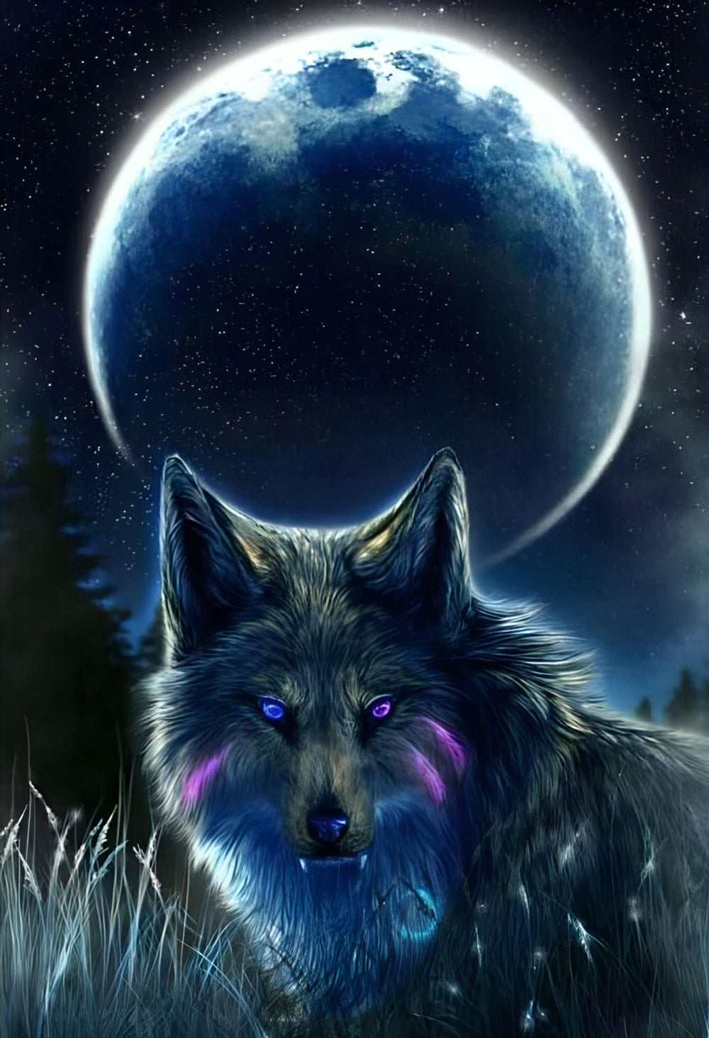 Loup Noir et la Lune Noire Broderie Diamant