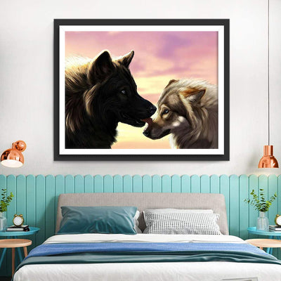Loup Noir et Loup Gris se Léchant Broderie Diamant