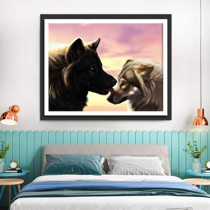 Loup Noir et Loup Gris se Léchant Broderie Diamant