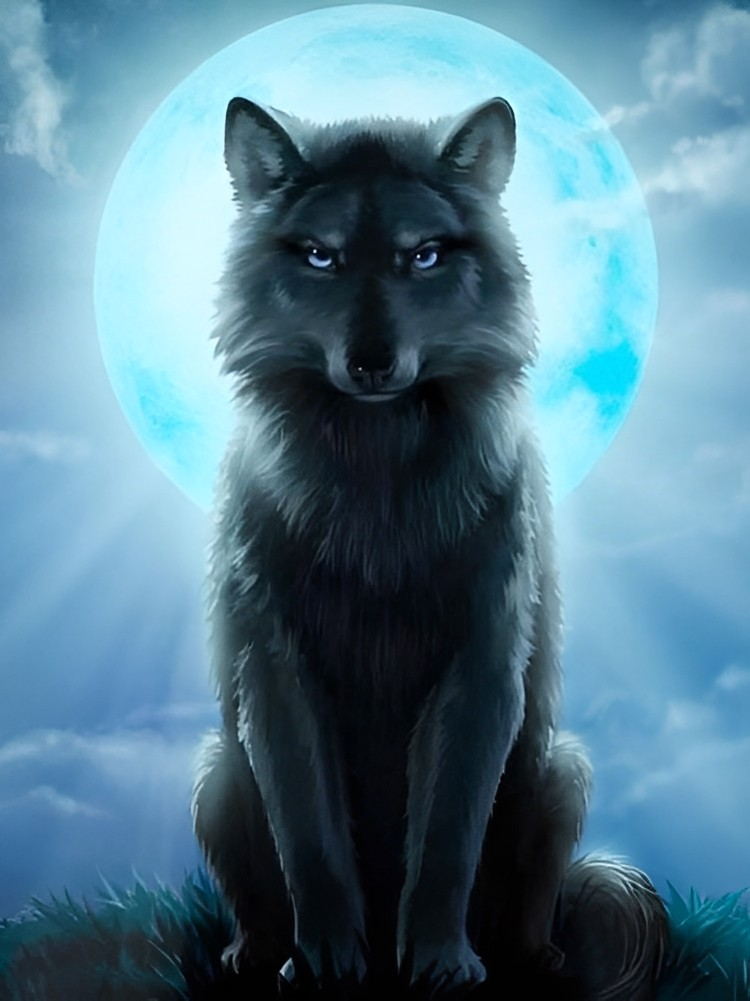 Loup Noir et Lune Bleue Broderie Diamant
