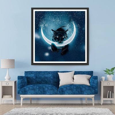 Loup Noir Mangeant la Lune Broderie Diamant