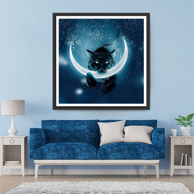 Loup Noir Mangeant la Lune Broderie Diamant