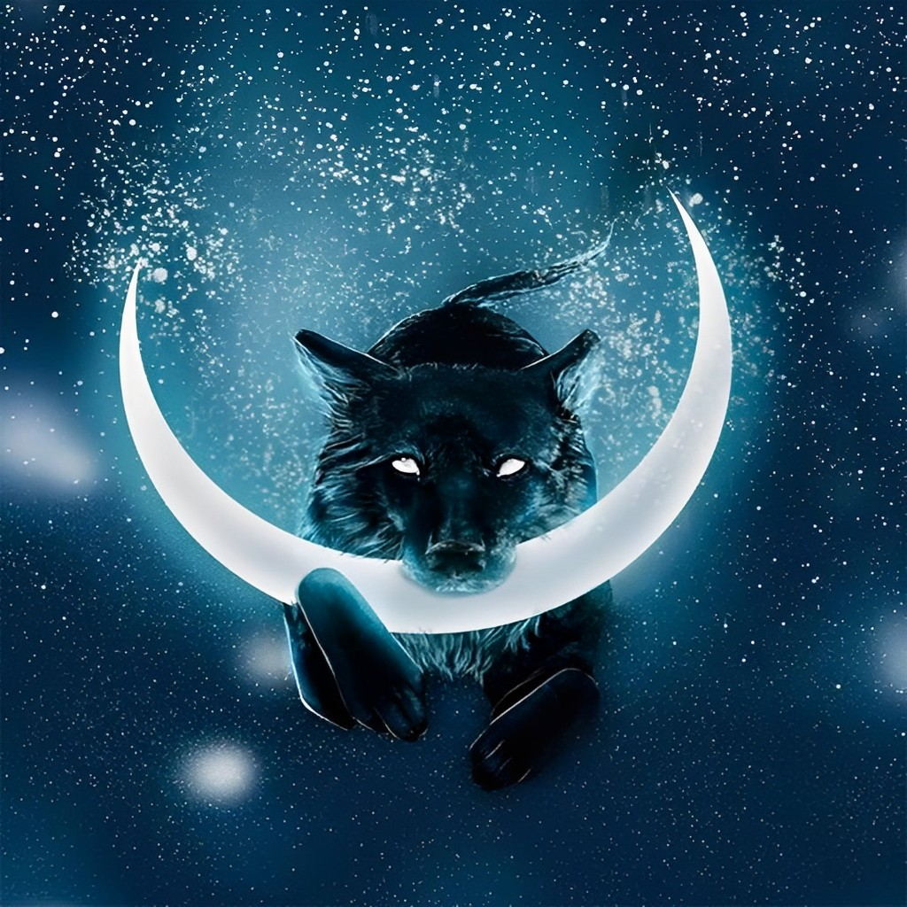 Loup Noir Mangeant la Lune Broderie Diamant