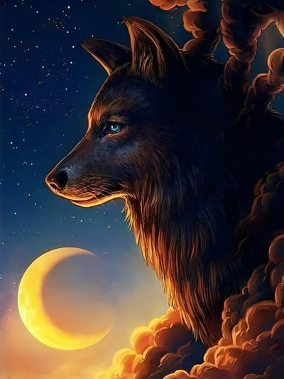 Loup,  Nuage et Lune Animal Broderie Diamant