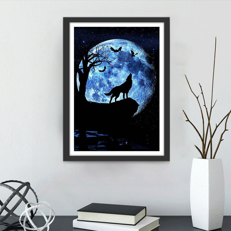 Loup, Oiseaux et Lune Bleue Broderie Diamant