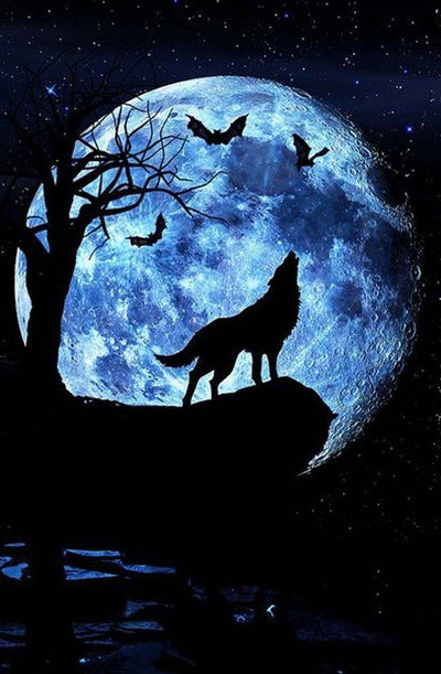 Loup, Oiseaux et Lune Bleue Broderie Diamant