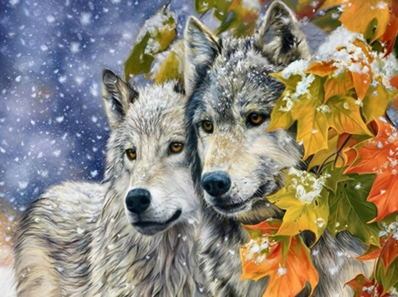 Loups Blottis et des Feuilles Rouge Broderie Diamant