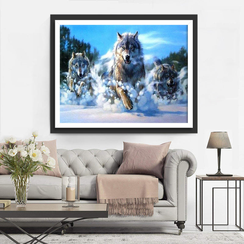 Loups Courant dans la Neige Broderie Diamant