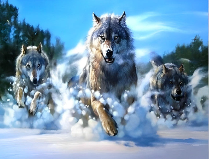 Loups Courant dans la Neige Broderie Diamant