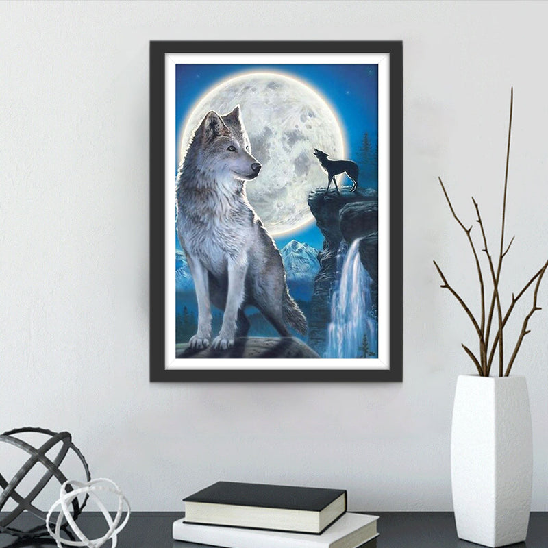 Loups et Enorme Lune Claire Broderie Diamant