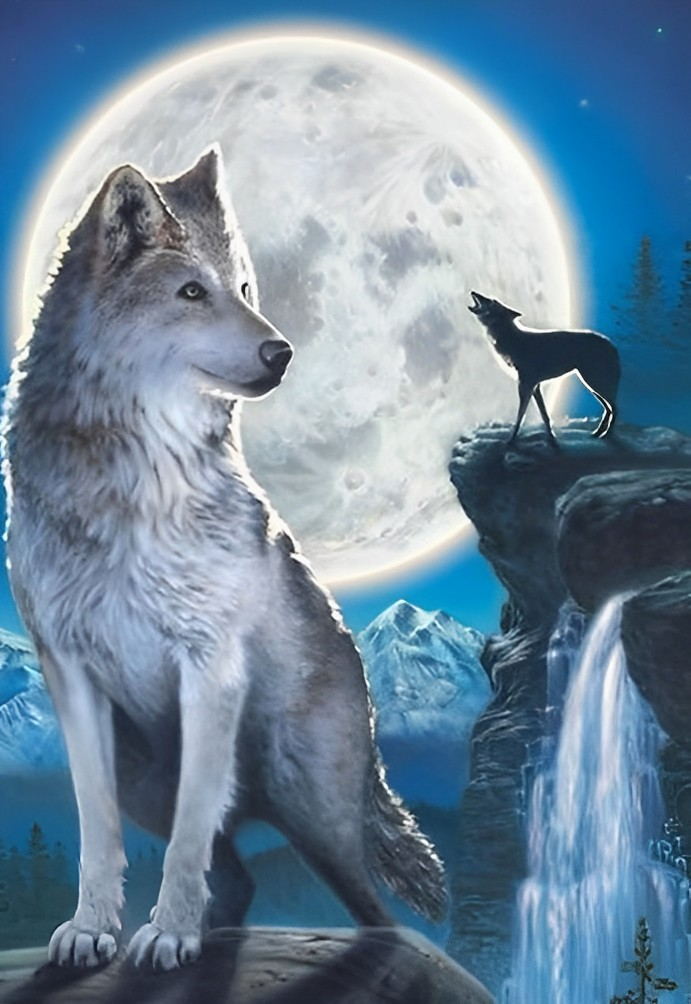 Loups et Enorme Lune Claire Broderie Diamant