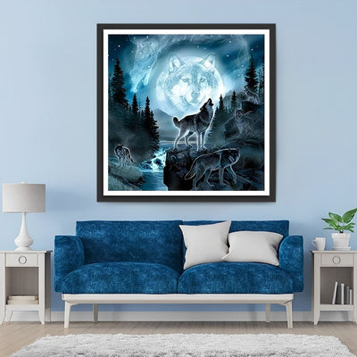 Loups, Ruisseau et Lune de Loup Broderie Diamant