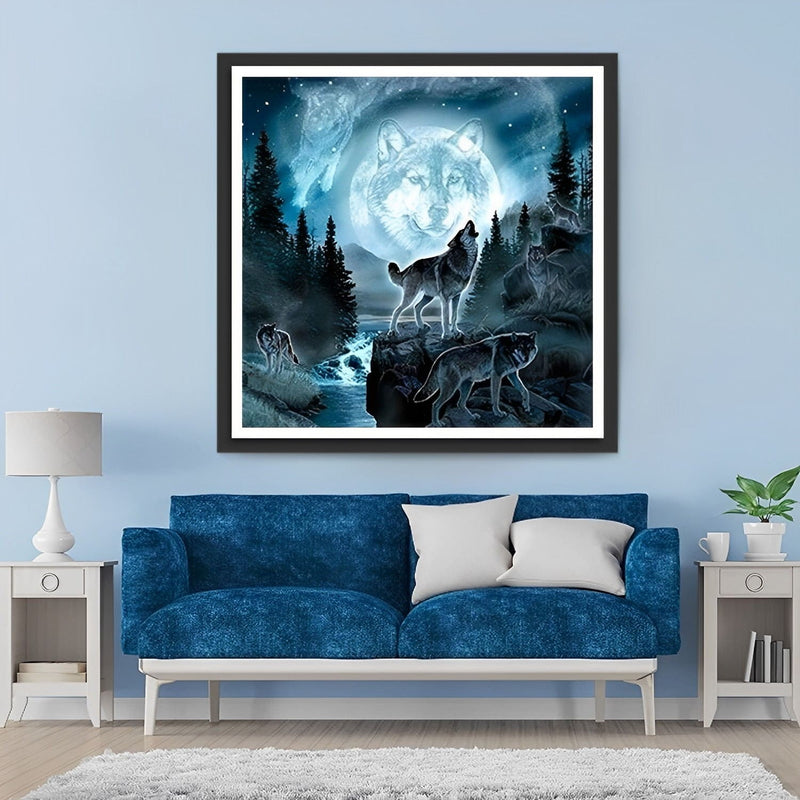 Loups, Ruisseau et Lune de Loup Broderie Diamant