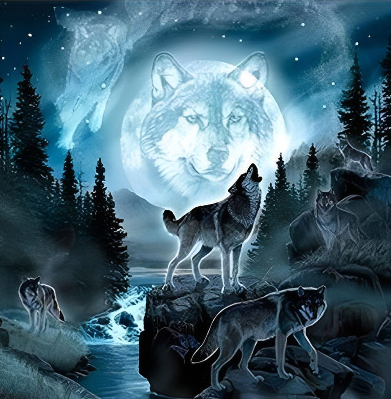 Loups, Ruisseau et Lune de Loup Broderie Diamant