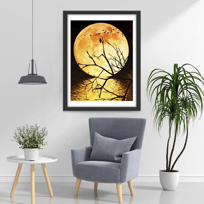 Lune et Arbre Mort avec des Oiseaux Broderie Diamant