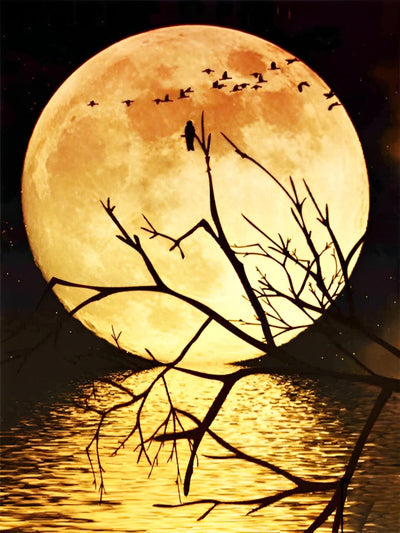 Lune et Arbre Mort avec des Oiseaux Broderie Diamant