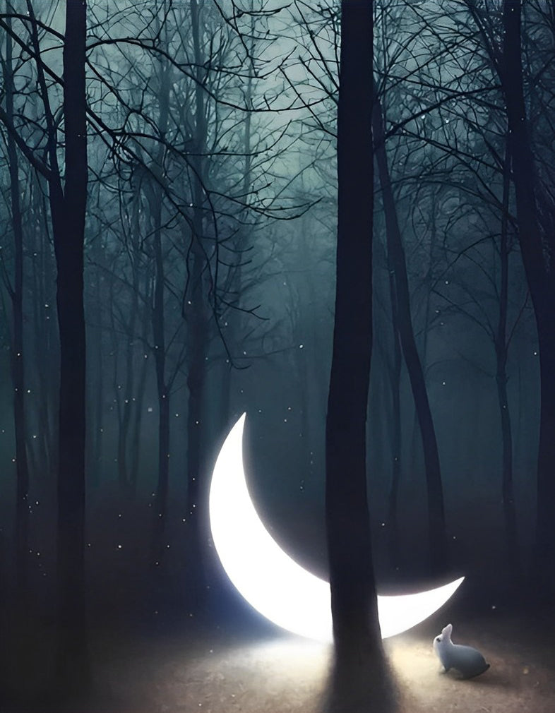 Lune et Lapin en Bois Broderie Diamant