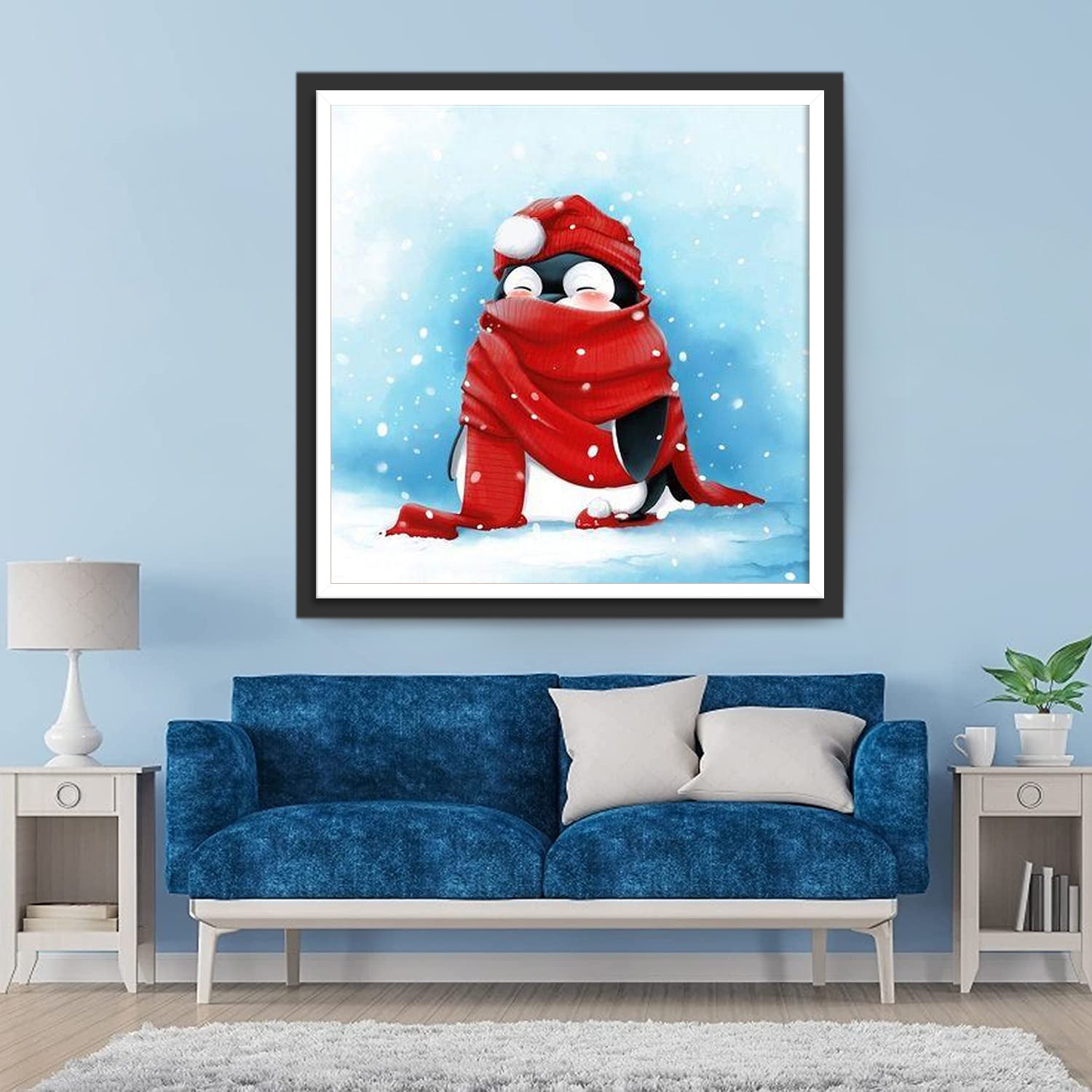 Manchot Portant Echarpe et Bonnet Rouges Broderie Diamant