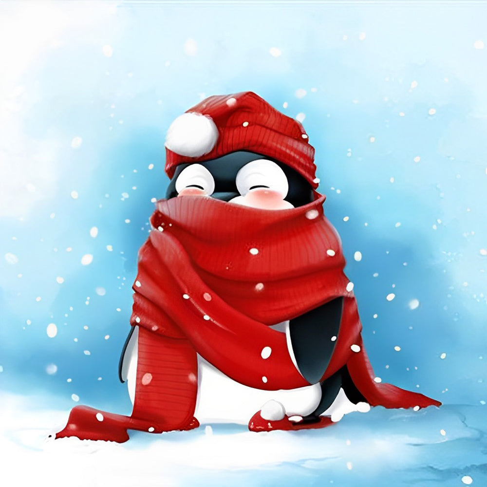 Manchot Portant Echarpe et Bonnet Rouges Broderie Diamant