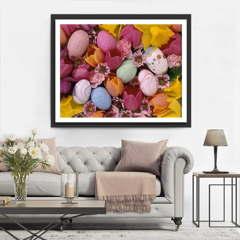 Marguerites Roses et les Œufs de Pâques Fête Broderie Diamant