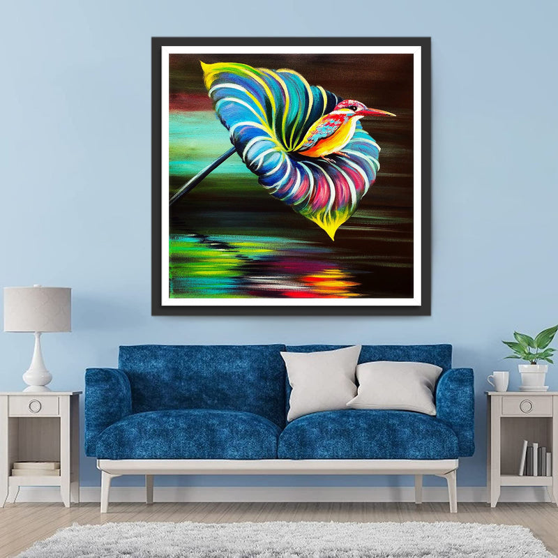 Martin-Pêcheur et Feuille de Lotus Multicolore Broderie Diamant